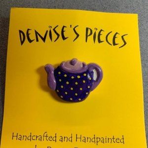 Tea Pot Pin Brooch Black Yellow Purple Plaster Handmade Hand Painted